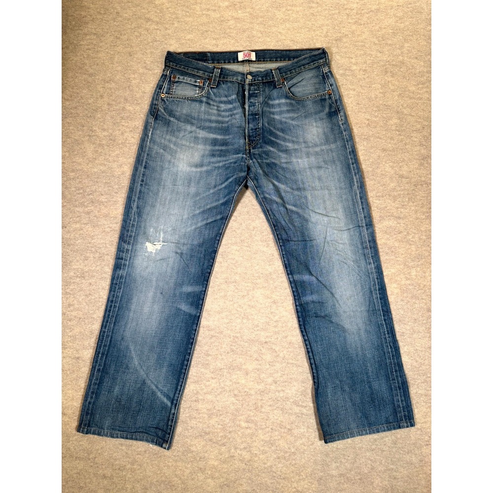 VTG Levis 501 Straight Jeans Men 36x36 Blue Denim‎ Cotton Button Fly Distressed